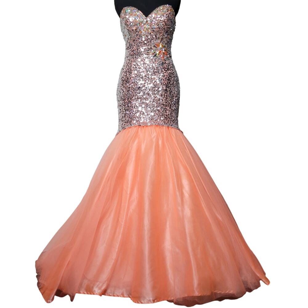 MacDuggal Mermaid Sweetheart Sequin Bead Peach Tulle Trumpet Dress Ball Gown✨️6